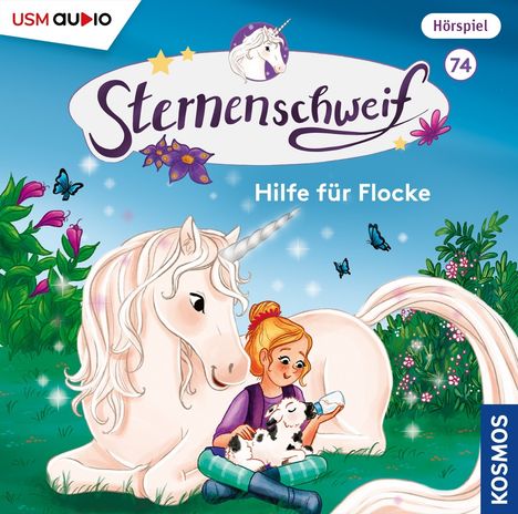 „Sternenschweif“, „Hilfe für Flocke“, „Hörspiel“. Illustration: Einhorn, Mädchen füttert Lamm, umgeben von Natur.