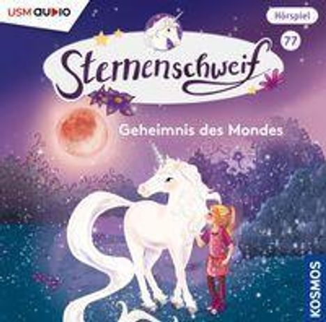 „Sternenschweif: Geheimnis des Mondes“. Ein Einhorn und ein Mädchen stehen unter einem leuchtenden Mond.