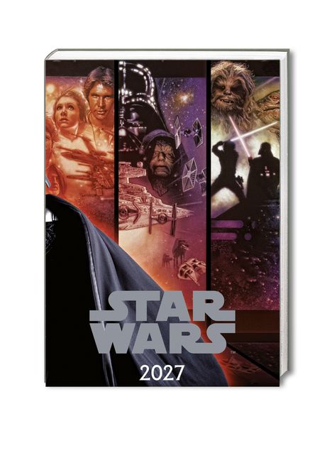 "STAR WARS 2027". Illustration mit Charakteren, Raumschiffen und Laserschwertern in dynamischer Szene.