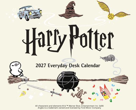 „Harry Potter“, „2027 Everyday Desk Calendar“. Illustration: Zauberelemente, Besen, Auto, Eule, goldener Schnatz, Schwert.