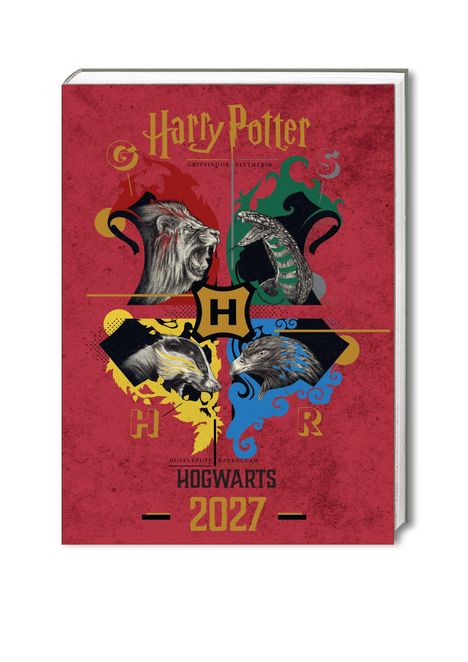 "Harry Potter", "Hogwarts 2027"; Löwe, Schlange, Dachs, Adler; vier Hausillustrationen auf rotem Hintergrund.