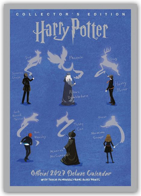 Illustration: "Harry Potter" Collector's Edition 2024 Deluxe Kalender mit Figuren und deren Patronus-Tiere.