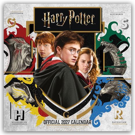 "Harry Potter Official 2027 Calendar." Drei Jugendliche in Hogwarts-Roben, umgeben von Wappen der vier Häuser.