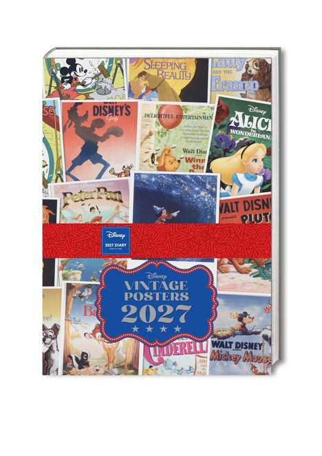 "VINTAGE POSTERS 2027" und "2027 DIARY" auf farbigem Hintergrund, umgeben von Disney-Filmplakaten.