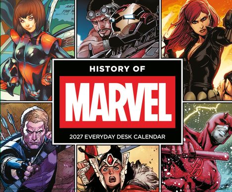 „History of Marvel“, „2027 Everyday Desk Calendar“. Comicfiguren in sechs verschiedenen Panels sind dargestellt.