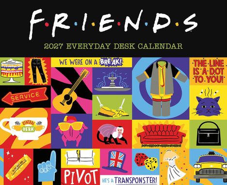 "2024 EVERYDAY DESK CALENDAR" und "WE WERE ON A BREAK!" Illustration mit bunten, thematischen Grafiken.
