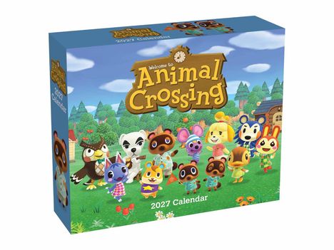 "Welcome to Animal Crossing 2027 Calendar." Illustration mit bunten, fröhlichen Charakteren vor einer grünen Landschaft.
