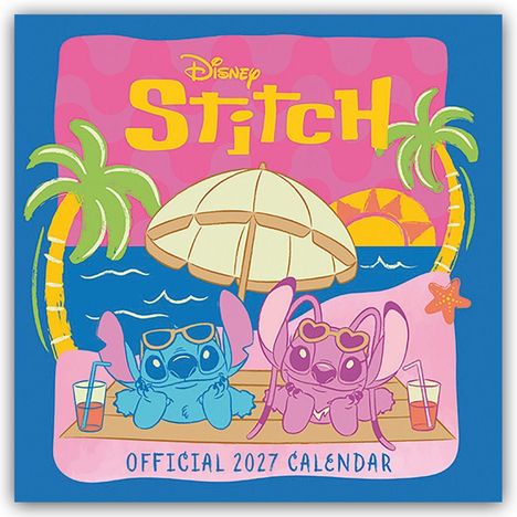 "Official 2027 Calendar" - Illustration mit zwei bunten Figuren, Sonnenschirm und Palmen am Strand.