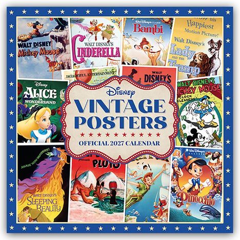 "Disney Vintage Posters. Official 2027 Calendar." 
Es zeigt Collagen aus Disney-Filmpostern in einem blauen Rahmen.