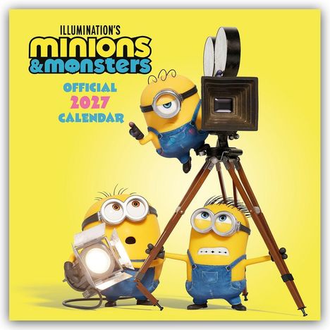 "Illumination's Minions & Monsters Official 2027 Calendar." Drei Minions mit Kamera und Beleuchtungsgerät auf gelbem Hintergrund.