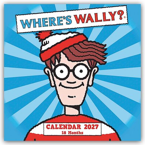 "WHERE'S WALLY?", "CALENDAR 2027", "18 Months". Illustration mit einer Figur mit Brille und roter gestreifter Mütze.