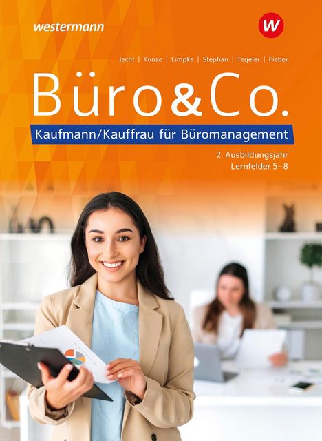 Text: "Büro&Co. Kaufmann/Kauffrau für Büromanagement. 2. Ausbildungsjahr. Lernfelder 5–8." Frau im Blazer mit Tablet.