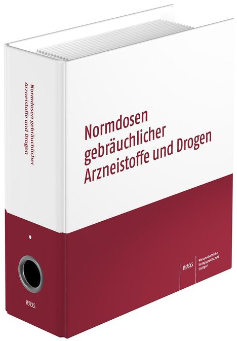 Ordner mit dem Titel "Normdosen gebräuchlicher Arzneistoffe und Drogen." Weiße und rote Gestaltung.
