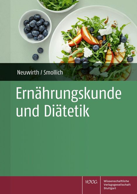 „Ernährungskunde und Diätetik“ von Neuwirth/Smollich, Teller mit Salat, Heidelbeeren, Rucola, Apfelscheiben und Nüssen.