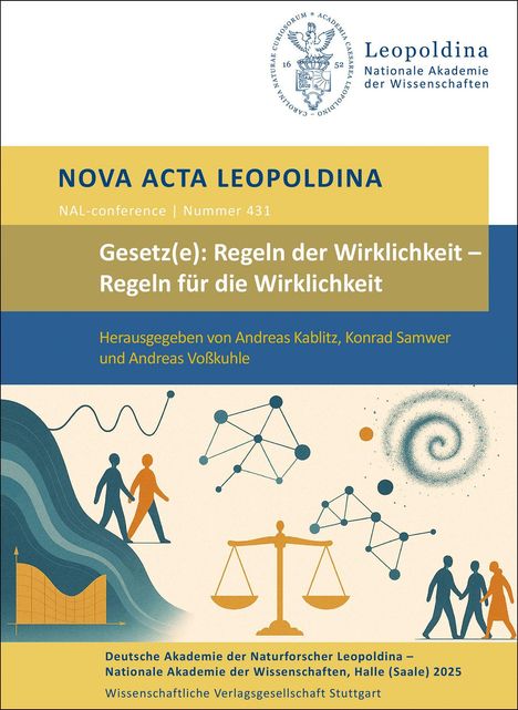 Titel: Gesetz(e): Regeln der Wirklichkeit. Enthält Grafik mit Personen, Molekülen, Waage und Spiralmuster.