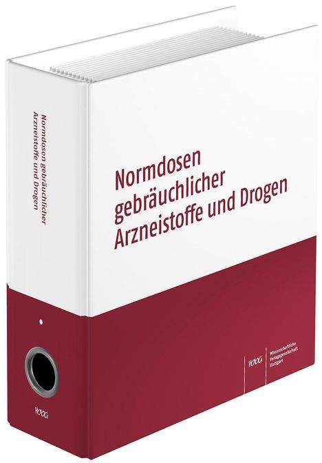 Text: "Normdosen gebräuchlicher Arzneistoffe und Drogen". Ein Ordner mit rotem und weißem Design.