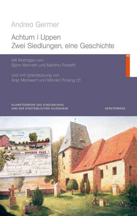 Titel: "Achtum | Uppen - Zwei Siedlungen, eine Geschichte". Illustration: Historisches Gebäude und Postkarte.