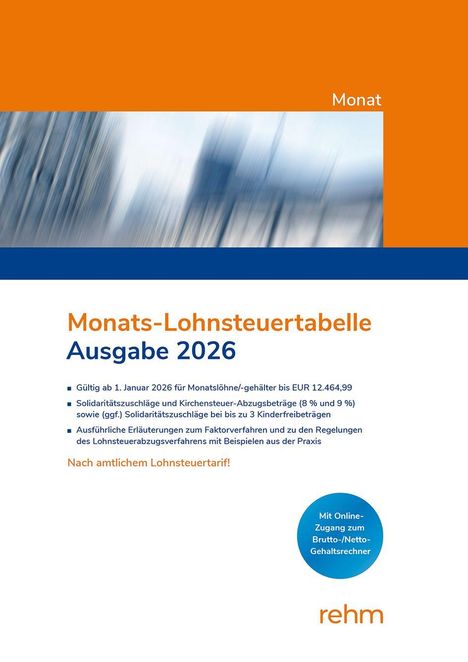 Monat, Monats-Lohnsteuertabelle Ausgabe 2026. Oben orange, darunter verwischte Stadtsilhouette. Unten blaues Logo.