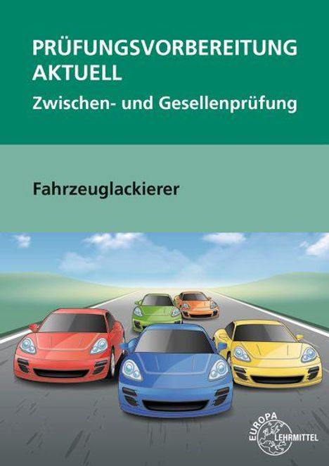 „PRÜFUNGSVORBEREITUNG AKTUELL“, „Zwischen- und Gesellenprüfung“, „Fahrzeuglackierer“. Fünf bunte Autos.