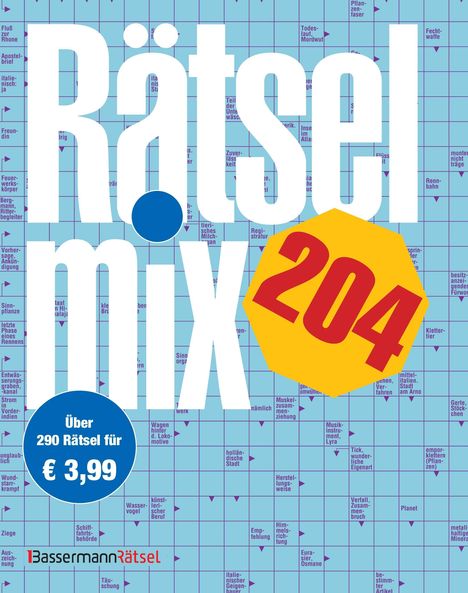 "Rätselmix 204", "Über 290 Rätsel für € 3,99", blaues Kreuzworträtsel-Muster im Hintergrund.