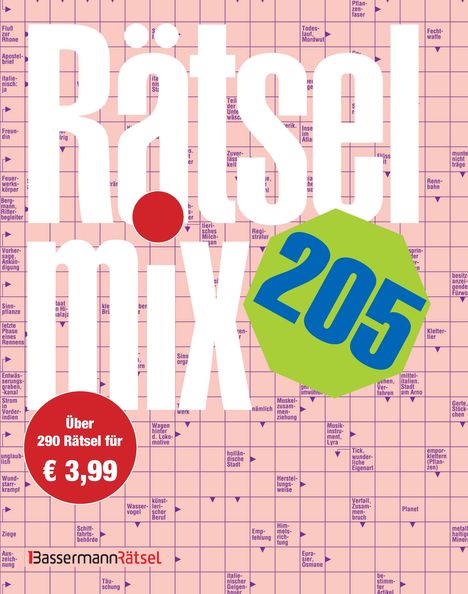 "Rätselmix 205", über 290 Rätsel für € 3,99; Hintergrund: Kreuzworträtsel mit rosa Kästchen.