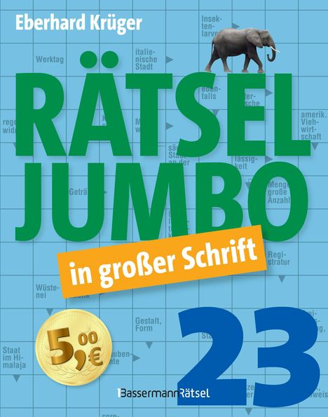 „Rätsel Jumbo in großer Schrift“, grüner und blauer Text auf Kreuzworträtsel-Hintergrund, Elefant oben, Münze unten.