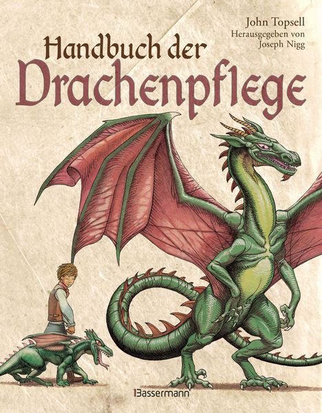 „Handbuch der Drachenpflege“ von John Topsell, herausgegeben von Joseph Nigg. Illustration eines Jungen mit zwei Drachen.