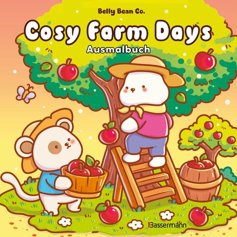 "Cosy Farm Days Ausmalbuch" in freundlicher Schrift. Zwei niedliche Tiere ernten Äpfel auf einer Wiese voller Bäume.