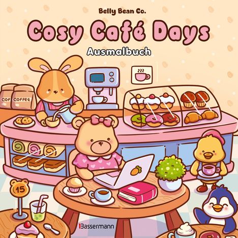 "Cosy Café Days", "Belly Bean Co.", "Ausmalbuch". Illustration: Tiere in einem Café mit Gebäck, Laptop und Kaffee.