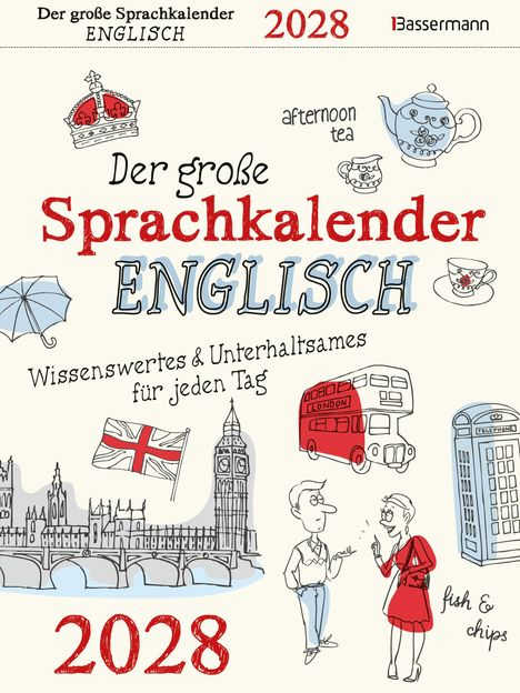Titel: Der große Sprachkalender ENGLISCH 2028. Illustrationen britischer Symbole wie Tee, Bus, Big Ben und Flagge.