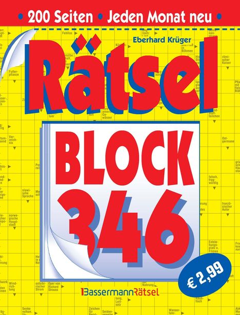 "Rätsel BLOCK 346" in Rot. Oben "200 Seiten Jeden Monat neu". Gelber Hintergrund mit Kreuzworträtseln. Preis: 2,99 Euro.