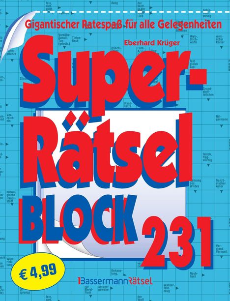 "Super-Rätselblock 231" in großen roten Buchstaben vor einem blauen Kreuzworträtsel-Hintergrund. Preis: "€ 4,99".