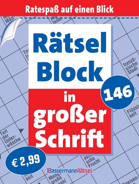 "Rätsel Block in großer Schrift". Oben: "Ratespaß auf einen Blick". Preis: €2,99. Logo unten: "Bassermann Rätsel".