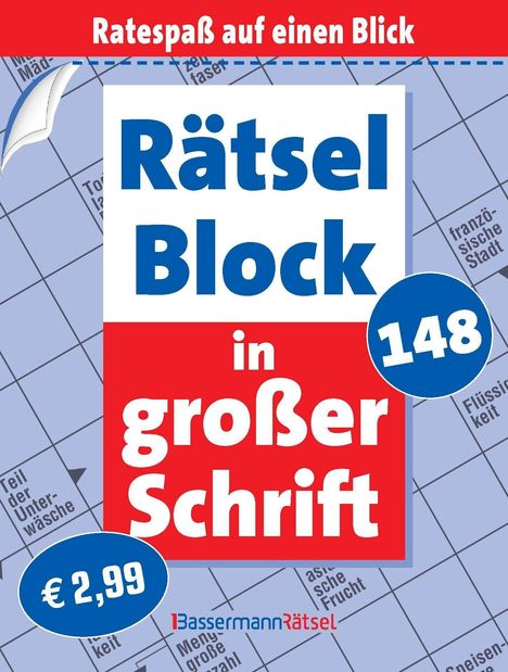 „Rätsel Block in großer Schrift“, blau und rot gestaltet, mit Preis €2,99. Ein Kreuzworträtsel-Muster als Hintergrund.