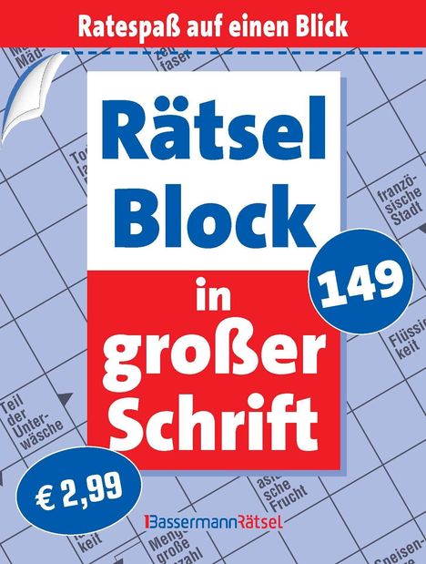"Ratespaß auf einen Blick. Rätsel Block in großer Schrift. 149. € 2,99. Bassermann Rätsel." Hintergrund: Kreuzworträtsel.