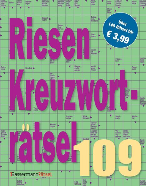 Cover: „Riesen Kreuzworträtsel 109“ in großen lila Zahlen. Rundes, blaues Label: „Über 140 Rätsel für €3,99“.