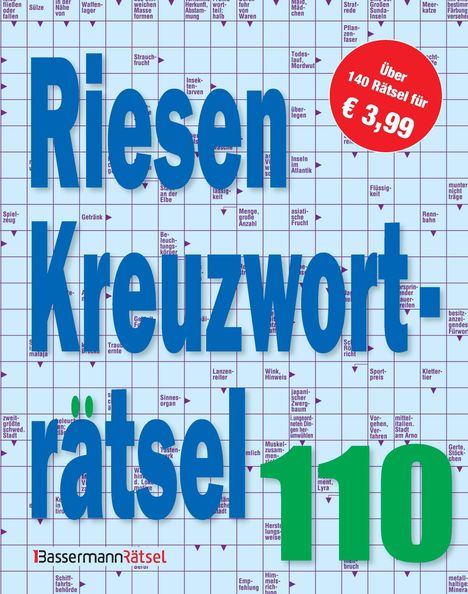 "Riesen Kreuzwort­rätsel 110", roter Kreis mit "Über 140 Rätsel für € 3,99", Hintergrund: Kreuzworträtselgitter.