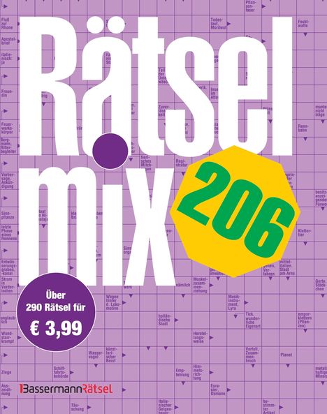 „Rätsel mix 206“, „Über 290 Rätsel für € 3,99“. Lila Hintergrund mit Kreuzworträtsel.