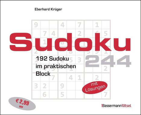 Text: "Sudoku 244", "192 Sudoku im praktischen Block", "mit Lösungen". Schlichtes Cover mit Sudoku-Gittern im Hintergrund.