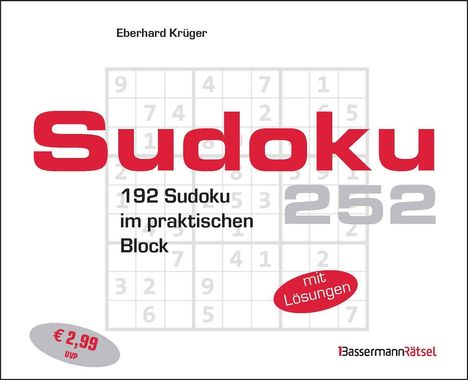 "Sudoku 252", "192 Sudoku im praktischen Block", "mit Lösungen", "Eberhard Krüger". Eine Sudoku-Hintergrundillustration.