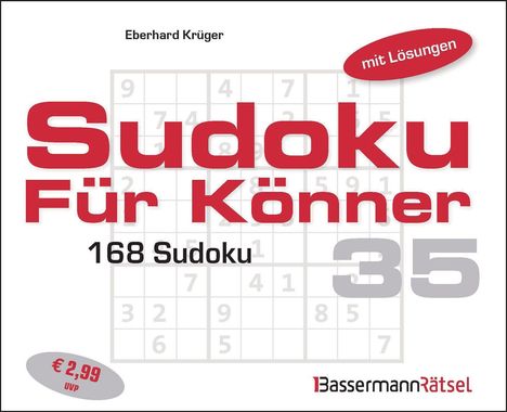 Texte: "Eberhard Krüger", "mit Lösungen", "Sudoku Für Könner", "168 Sudoku", "35", "€ 2,99 UVP", "BassermannRätsel".  
Rotes und schwarzes Design, Sudoku-Hintergrund.