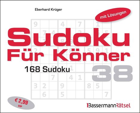 „Sudoku Für Könner“ groß in Rot, „168 Sudoku“ darunter. Preis in einer grauen Ellipse: €2,99. „mit Lösungen“ oben rechts.