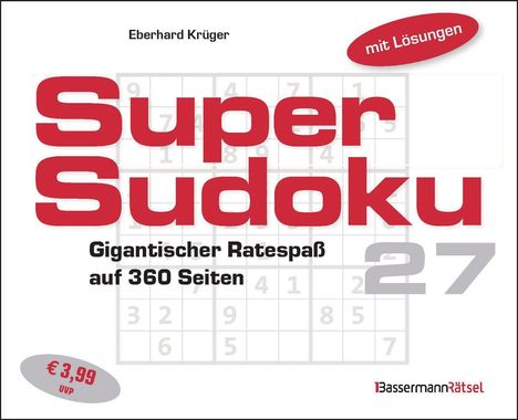 "Super Sudoku", "Gigantischer Ratespaß auf 360 Seiten", "mit Lösungen", "€ 3,99", "Eberhard Krüger". Sudoku-Hintergrund.