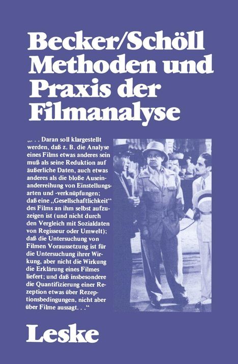 "Bauer/Schöll Methoden und Praxis der Filmanalyse. Leske." Oben großer Text, unten kleiner Text neben einem schwarzweißen Filmbild.