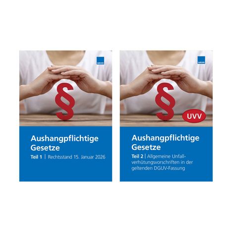 „Aushangpflichtige Gesetze“ mit rotem Paragrafen-Symbol zwischen Händen auf zwei blauen Buchcovern.