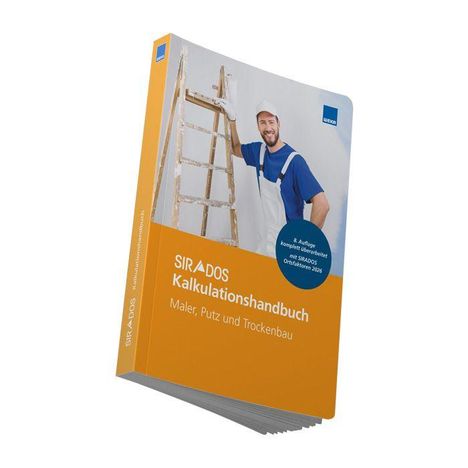 SIRADOS Kalkulationshandbuch für Maler, Putz, Trockenbau. Abgebildet ist ein Maler in blauer Arbeitskleidung.