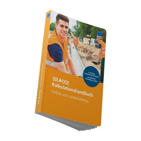Buchcover: "SIRADOS Kalkulationshandbuch Tiefbau und Landschaftsbau". Mann in Sicherheitsweste auf Baustelle.