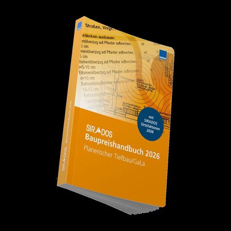 „SIRADOS Baupreishandbuch 2026“, orange, mit Plänen und Bauzeichnungen, blaues „mit SIRADOS Ortsfaktoren 2026“-Label.