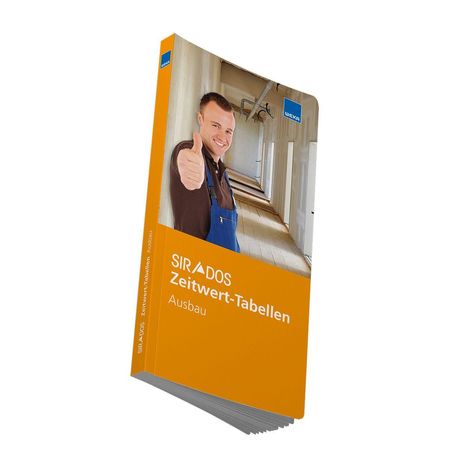 „SIRADOS Zeitwert-Tabellen Ausbau“. Ein Mann in blauer Latzhose zeigt Daumen hoch in einem Flur.