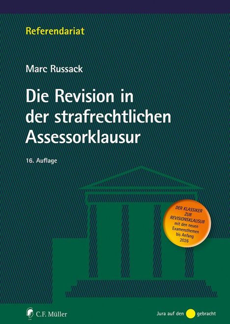 "Referendariat, Marc Russack, Die Revision in der strafrechtlichen Assessorklausur, 16. Auflage." Text auf grünem Hintergrund.